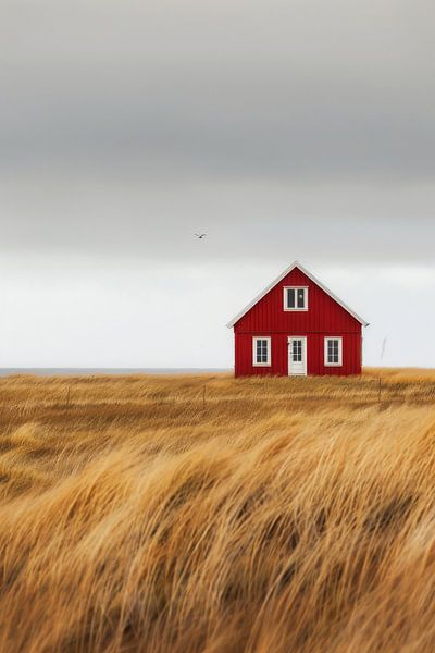 Rote Hütte in goldenem Grasmeer