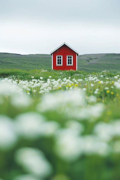 Rotes Haus im blühenden Feld