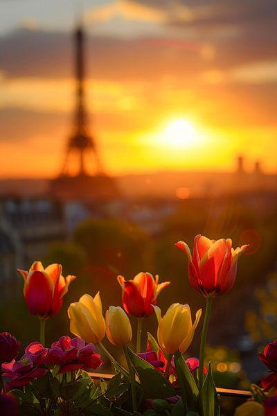 Sonnenuntergang über Paris mit Blumen