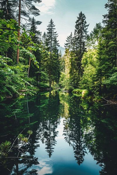 Spiegelungen im grünen Wald