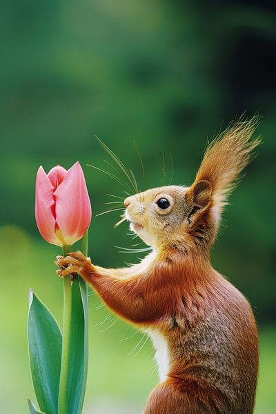 Verspieltes Eichhörnchen und rosa Tulpe