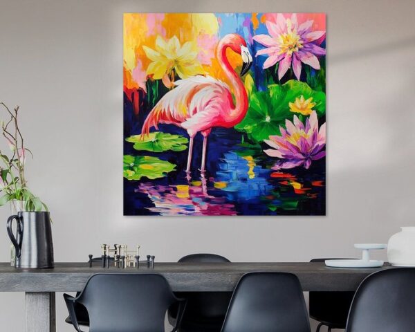 Bunter Flamingo im Teich mit Blumen