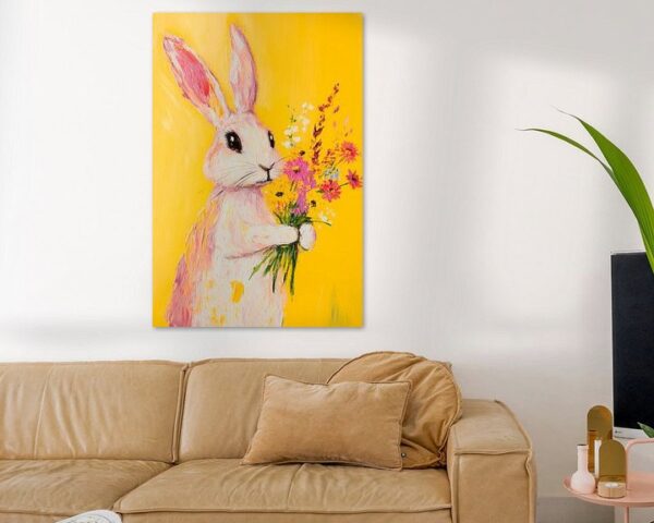 Hase mit Blumen auf gelbem Hintergrund