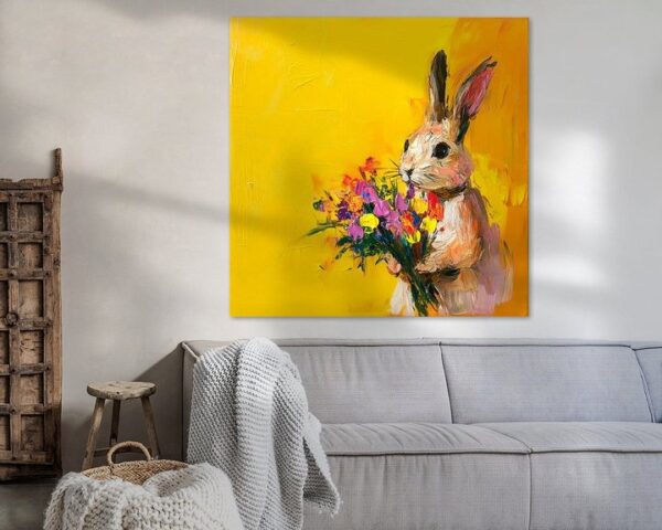 Hase mit Blumen vor gelbem Hintergrund