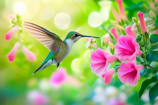 Kolibri am blühenden Blumenstrauch