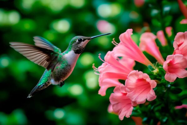 Kolibri vor blühenden Blumen