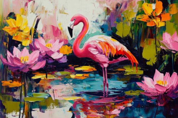 Pink Flamingo im Wasser mit Blumen