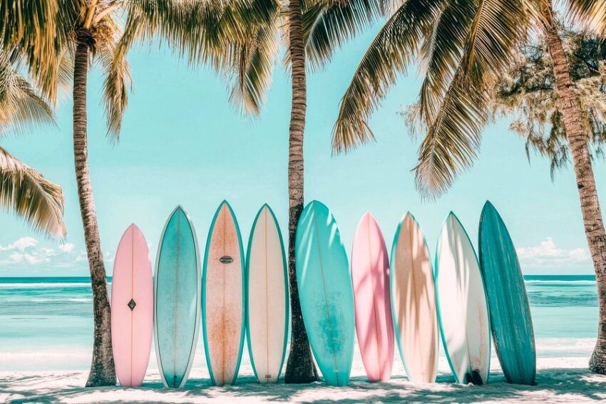 Surfboards unter Palmen