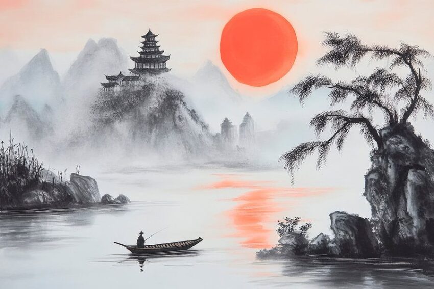 Abendstimmung am Wasser – Asiatische Landschaft