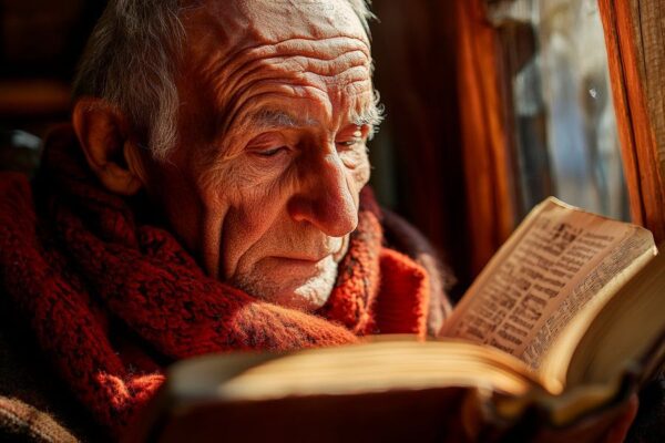 Alter Mann mit Buch am Fenster