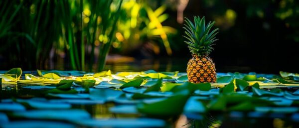 Ananas auf Seerosen im Sonnenlicht