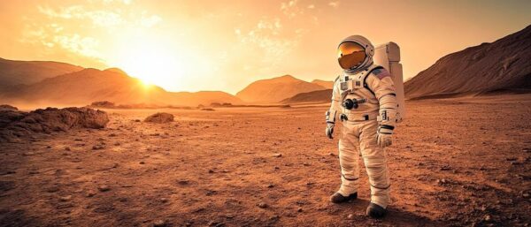 Astronaut auf fremdem Planeten bei Sonnenuntergang