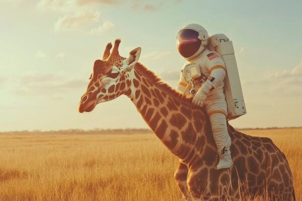 Astronaut auf Giraffe im Sonnenuntergang