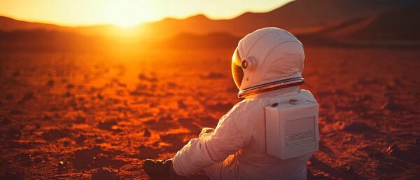 Astronaut bei Sonnenuntergang auf Mars