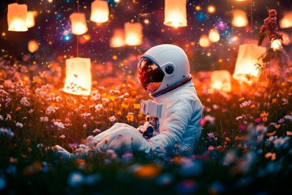 Astronaut im Blumenfeld bei Nacht