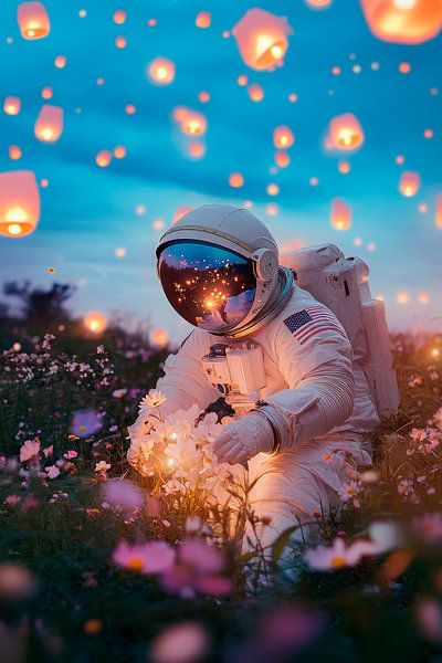 Astronaut im Blumenfeld bei Nacht