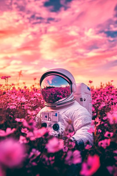 Astronaut im Blumenfeld bei Sonnenuntergang