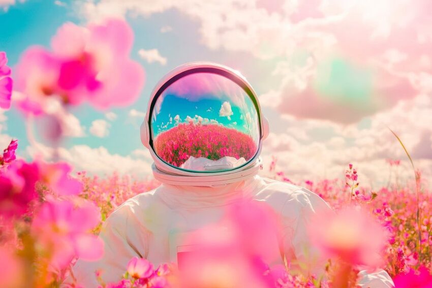 Astronaut im Blumenfeld – Fantasievolles Bild