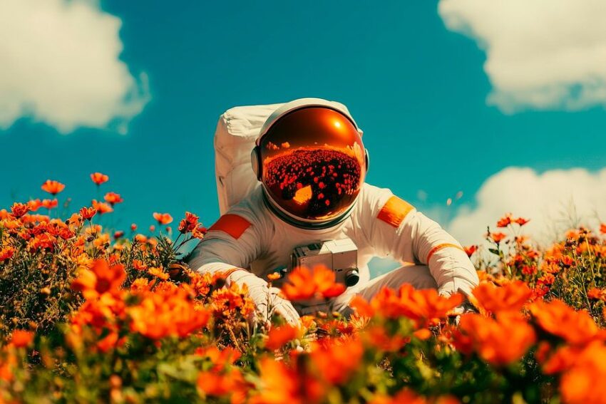 Astronaut im Blumenfeld – Farbenfroh und Leuchtend