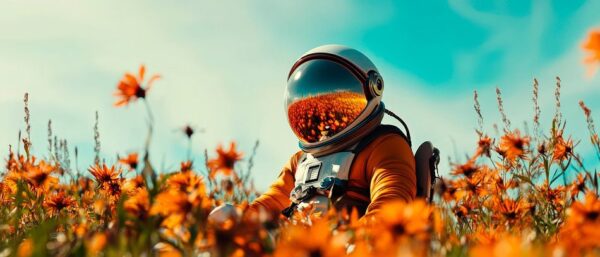 Astronaut im Blumenfeld – Surreale Schönheit