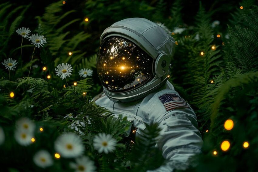 Astronaut im Blumenfeld – Traumhafte Natur