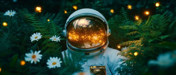 Astronaut im Blumenfeld – Traumhaftes Licht