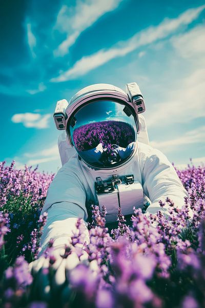 Astronaut im Lavendelfeld unter blauem Himmel