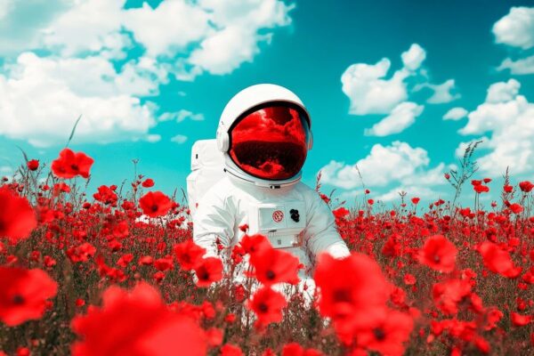 Astronaut im Mohnfeld unter blauem Himmel