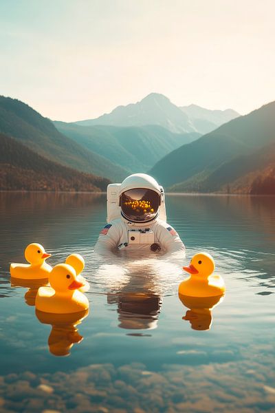 Astronaut im See mit Enten – Surrealistisch