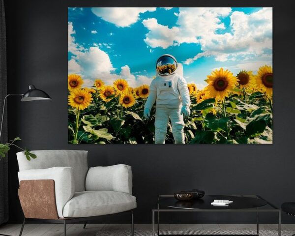 Astronaut im Sonnenblumenfeld unter blauem Himmel