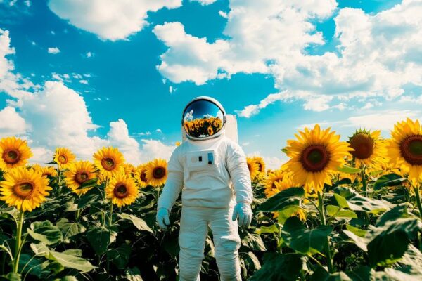 Astronaut im Sonnenblumenfeld unter blauem Himmel