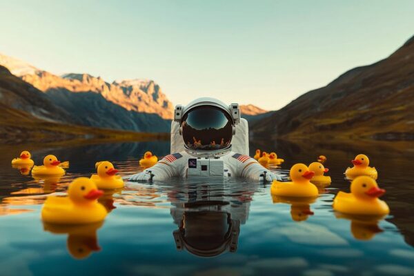 Astronaut im Teich mit Enten-Spielzeug