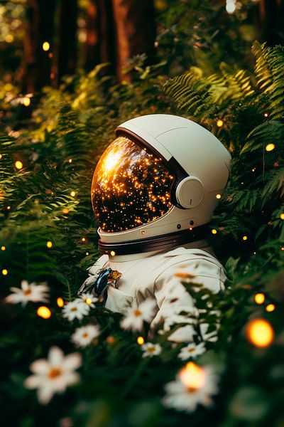 Astronaut im Wald mit glanzvollen Lichtern