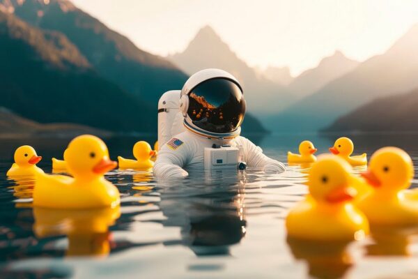 Astronaut im Wasser mit Enten – Surrealistisch