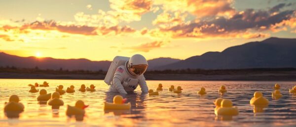 Astronaut im Wasser mit Enten – Traumhaft