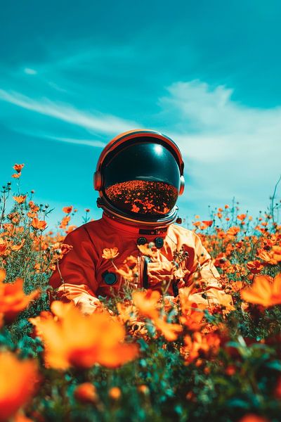 Astronaut in blühenden Blumenfeldern