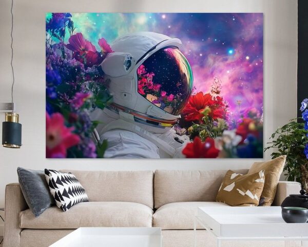 Astronaut in bunten Blumen im All