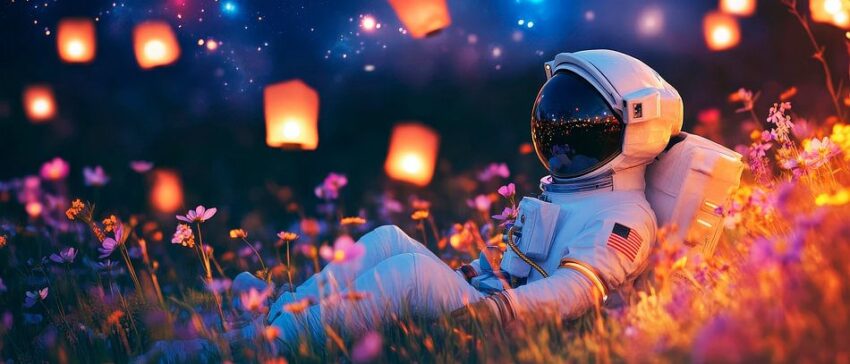 Astronaut in bunten Blumen unter Laternen