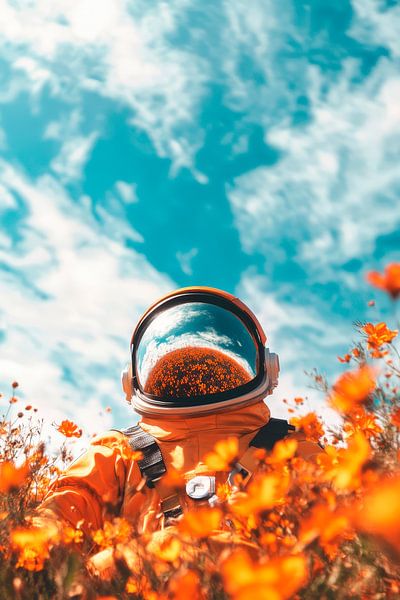 Astronaut in bunten Blumenwiesen