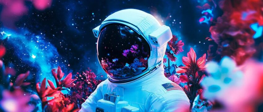 Astronaut in farbenfrohem Blütenmeer