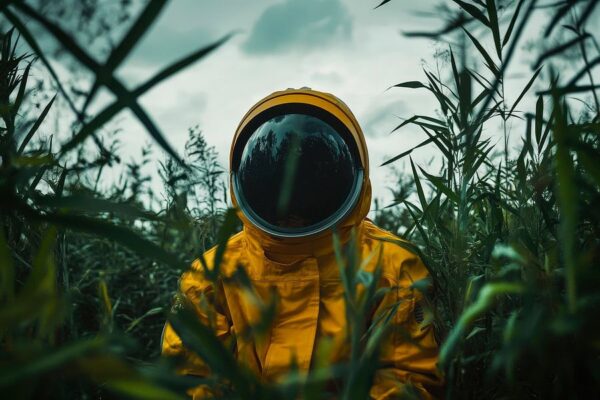 Astronaut in gelber Jacke im Gräsermeer