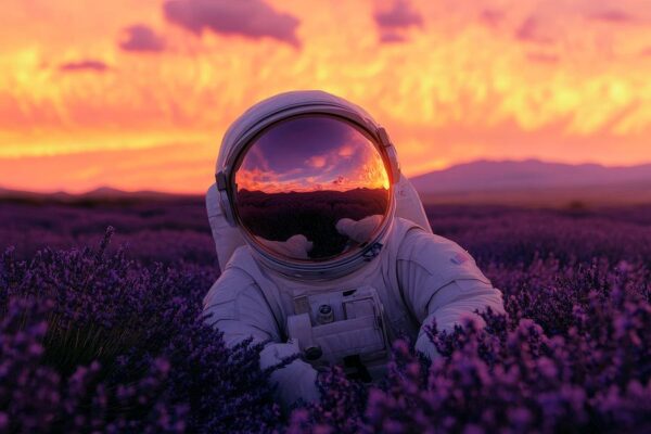 Astronaut in lila Blumenfeld bei Sonnenuntergang