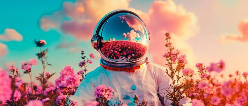 Astronaut in magischen Blumenfeldern