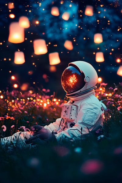 Astronaut in magischer Blumenwiese