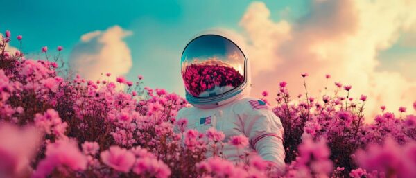 Astronaut in rosa Blütenmeer – Traumhaft