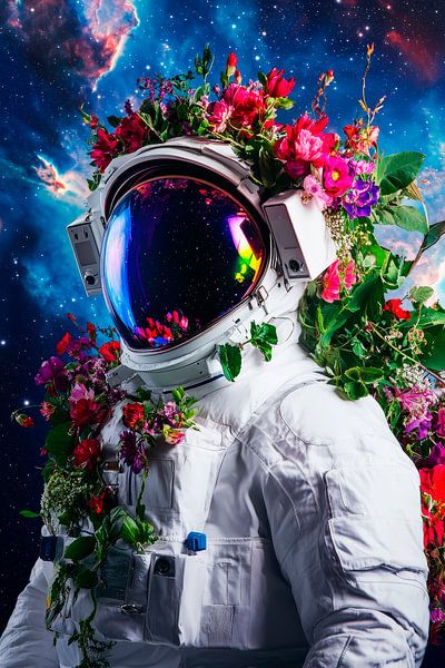 Astronaut mit Blumenkranz im All