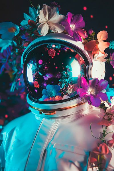 Astronaut mit Blumenkranz im Neonlicht