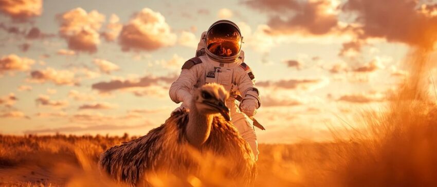 Astronaut mit Hund auf sonniger Wüste