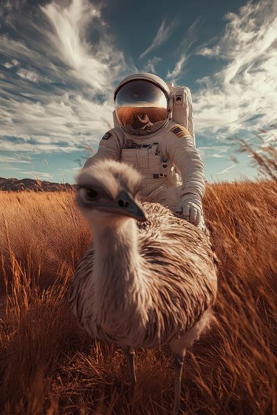 Astronaut reitet auf einem Emu im Feld