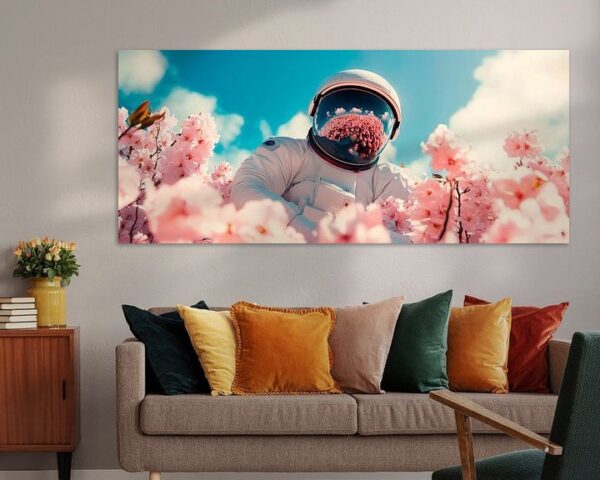 Astronaut zwischen blühenden Blumen